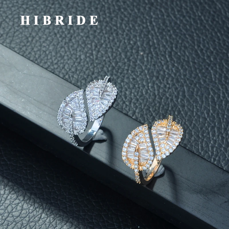 

HIBRIDE Latese Fashion Micro Pave CZ Wedding Rings Engagement Leave Shape Ring for Women Fashion Jewelry Dress Party Ring R-264