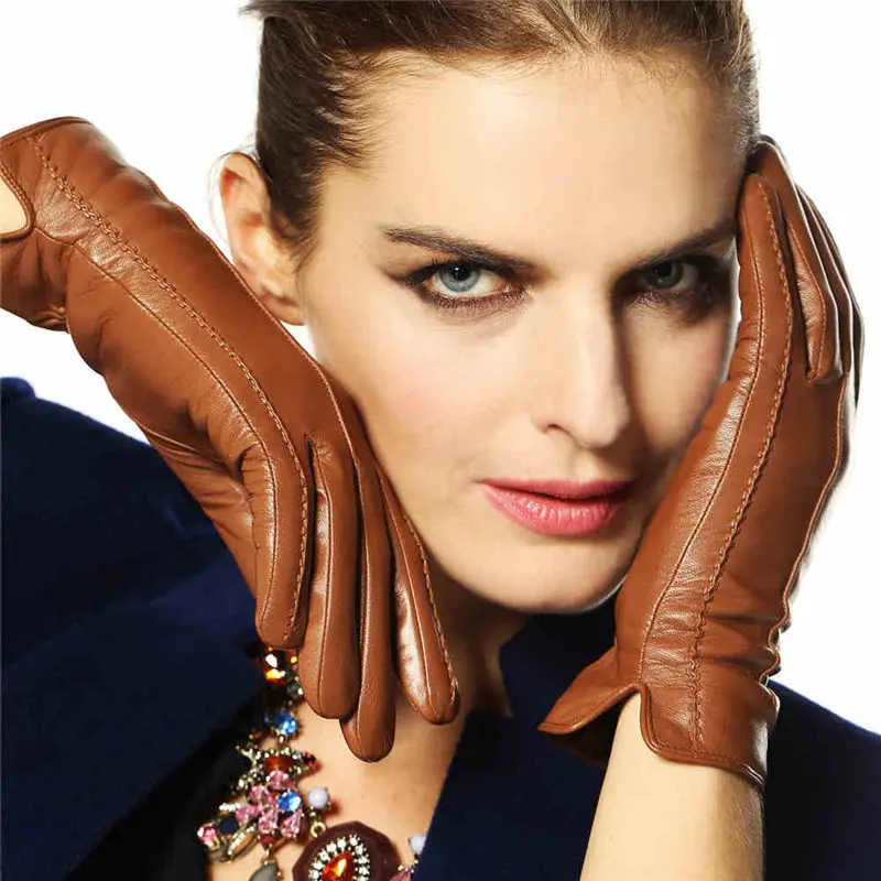 Высокое качество осень зима элегантные женские горячие трендовые плюс бархат Сенсорный экран из натуральной овчины кожаные перчатки для женщин L085NC2 - Цвет: Leather brown