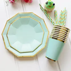 Высококачественная горячая штамповка боковая мятно-зеленая посуда графин вечерние одноразовые тарелки бумажная чашка блюдо полосатые