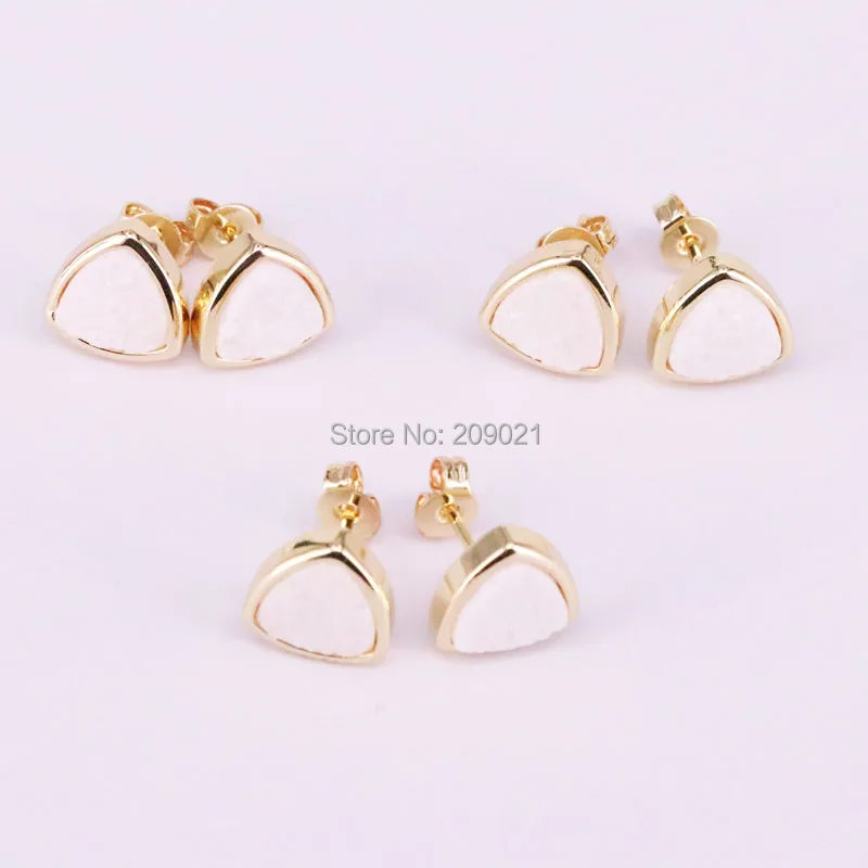 6 пар Треугольники квадратный Форма натуральный белый камень заклепки Серьги 10 мм Мода Drusy Кварц серьги