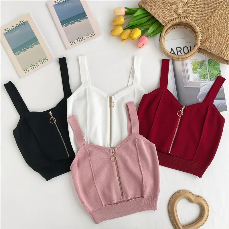 

Summer Women Tank Tops Club Sexy V Neck Zipper Crop Top Girlish Knitting Camisole Ladies Sleeveless Solid Simple Tops Women 2019