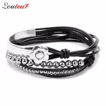 

LOULEUR Bohemian Vintage Handmade Multilayer Flower Wrap Jewelry Women Men Stainless Steel Beaded Leather Bracelets Bangles