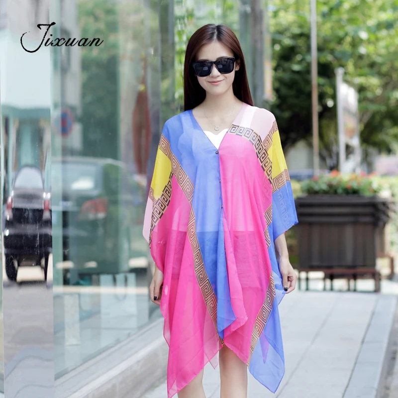 

2018 Patchwork Button Fashion Women's Scarf Chiffon Beach Sun-Protective Clothing Women Summer Silk Pashmina Foulard Female