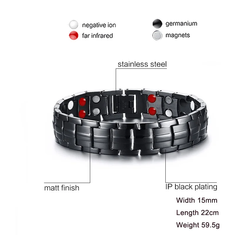 Meaeguet Casual Healthy Energy Bracelet Jewelry For Men Black Stainless Steel Chain Link Magnet Therapy Bracelets 15mm Wide - Окраска металла: only bracelet