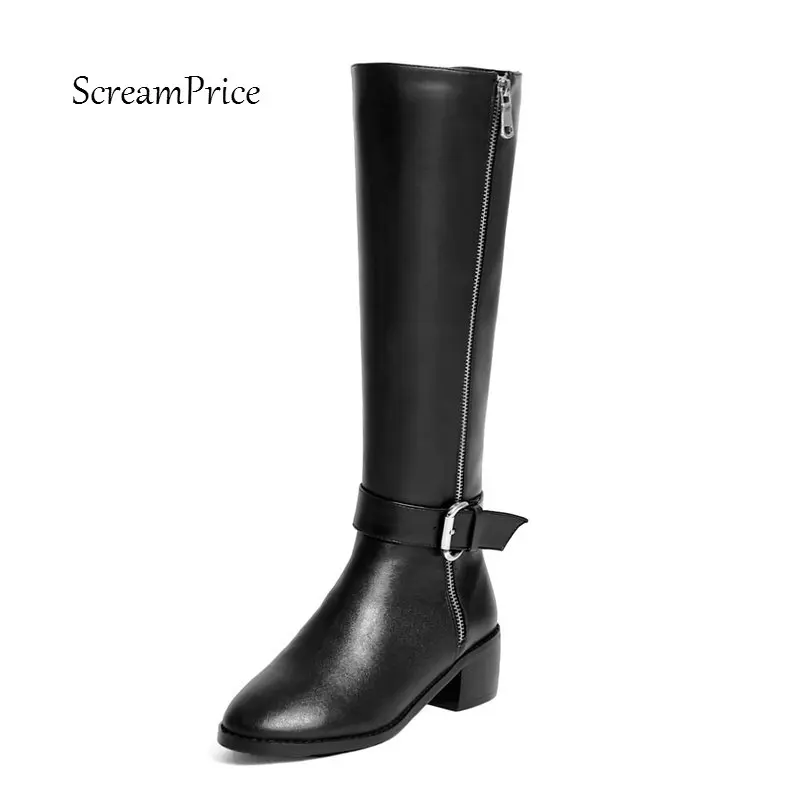 

Women Genuine Leather Side Zipper Comfortable Square Heel Knee High Boots Fashion Buckle Winter Shoes Black Brown