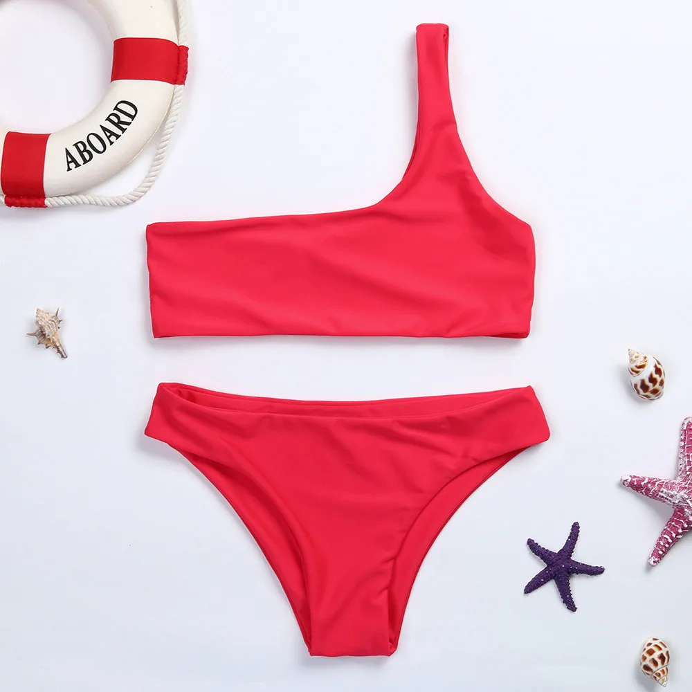 Женский раздельный бикини пляжный купальник на одно плечо, купальный костюм, бразильский Монокини, купальник, бикини Plavky - Цвет: Красный