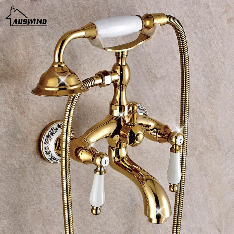 

European Antique Bathroom Faucet Water Mixing Valve Copper Gold Bathtub Faucet Shower Set Wall Mounted Phone Handle Shower Head