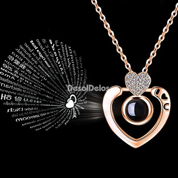 

Romantic Love Memory Wedding Necklace Double Heart 100 languages I love you Projection Pendant Necklace Zircon Romantic Jewelry