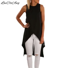 New Casual Summer Fashion T Shirt Women Sleeveless O-Neck Black Irregular Loose Tops Solid Chiffon Camisetas Feminina T-Shirts