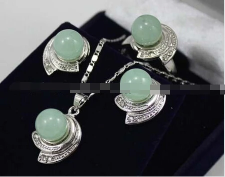 

1656 Fashion Jewelry Green Jade Earrings & Ring & Necklace Pendant Set