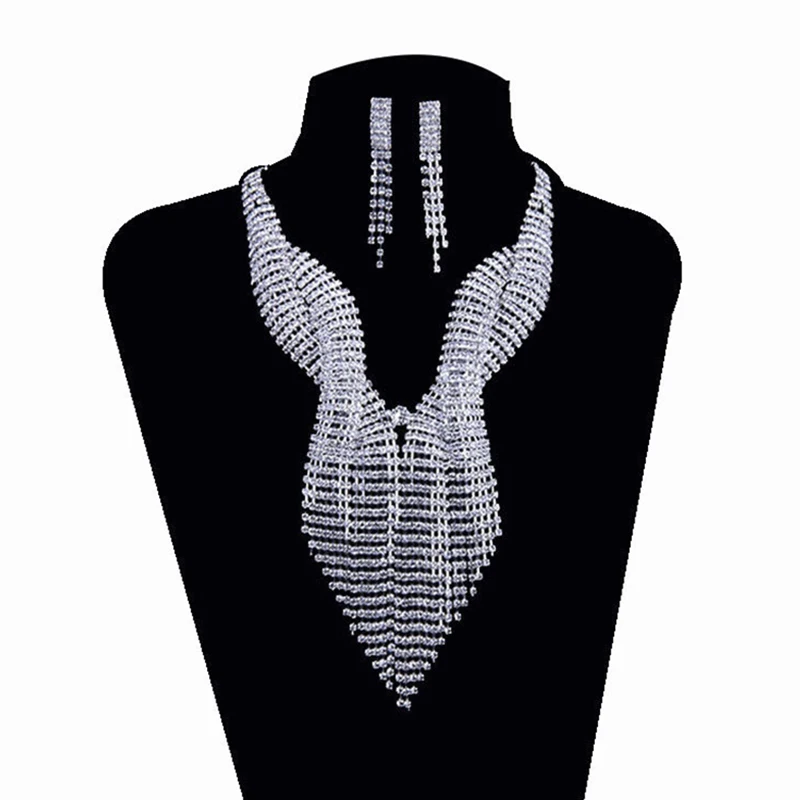 

Classic Luxury Design Crystal Silver Plated Earrings Necklace Set For Women Engagement Party Jewelry Gift Pendientes #N212