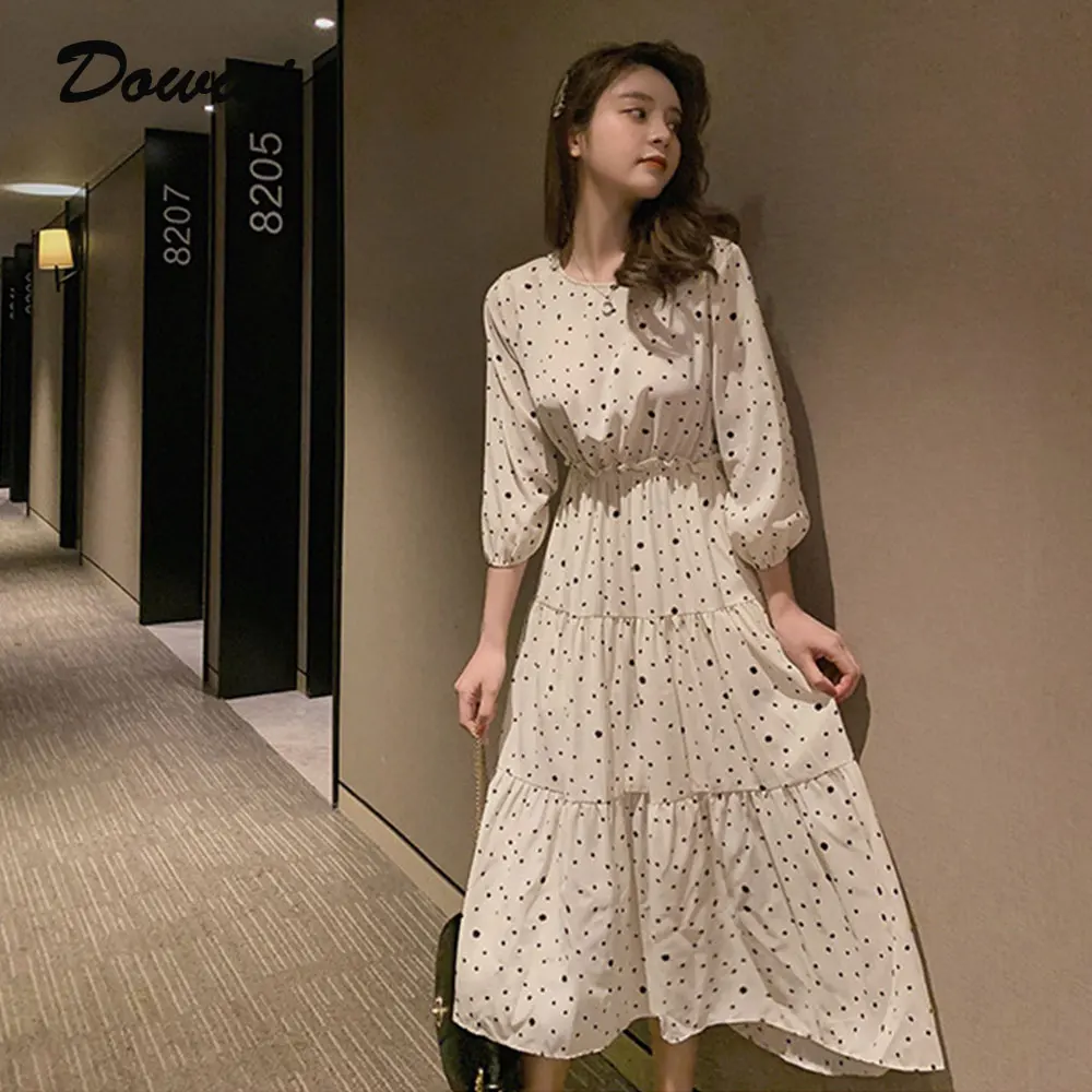 

Dowisi Chiffon Dress Women Summer Half Sleeve Dresses Lady High Waist Slim Dress Dot Print O Neck Femme Vestidos Verano 2019