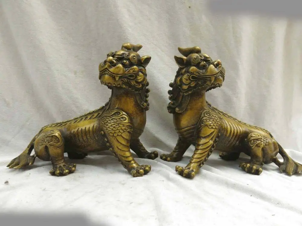 

8" China brass copper workmanship Foo Dogs Lion unicorn pair Sculpture Statues A(0505)