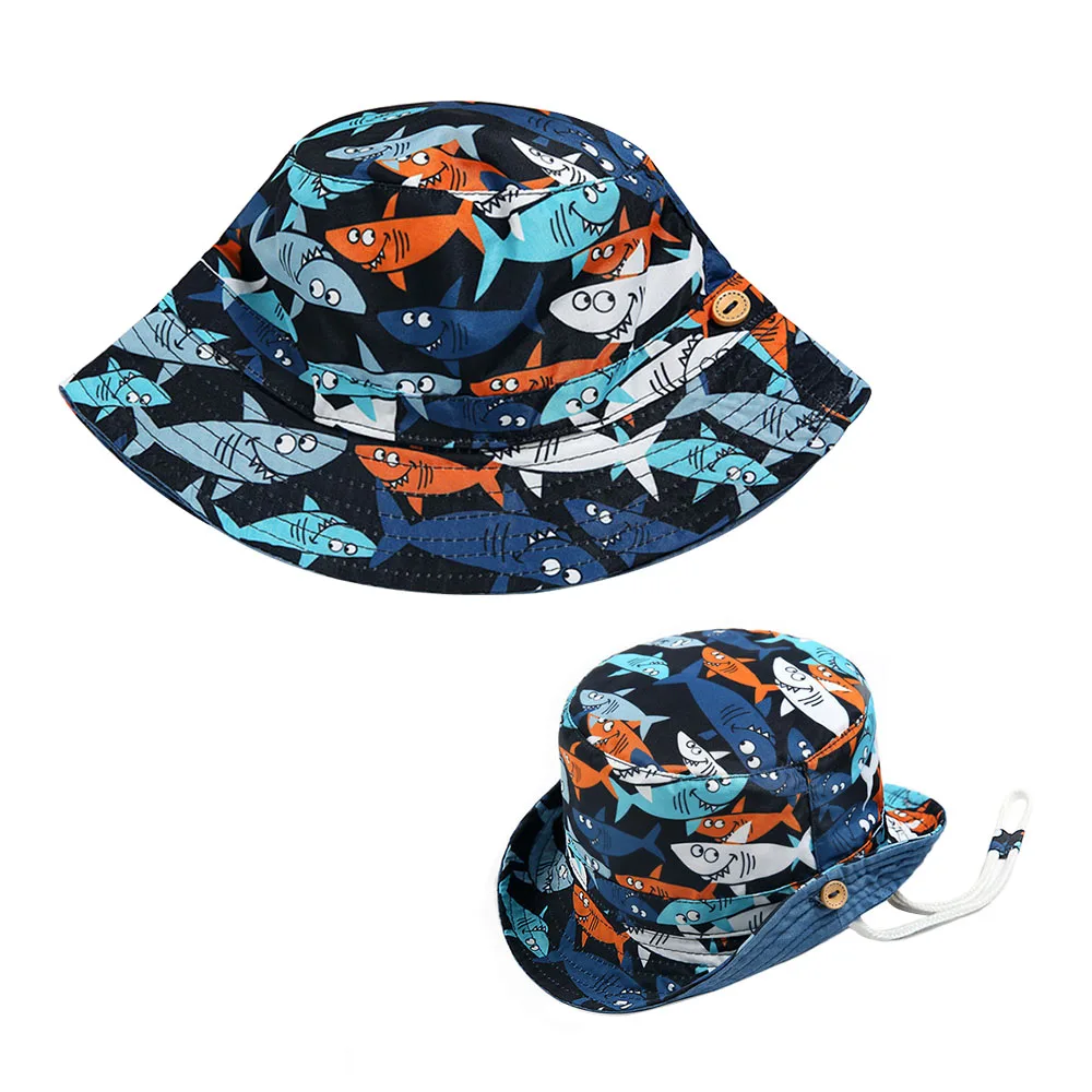 3Sharks Pattern Baby Boy Bucket Sun Hat Kids Girls Summer Beach Fisherman Basin Cap Quick-Drying Toddler Bonnet Chinstrap Stay On