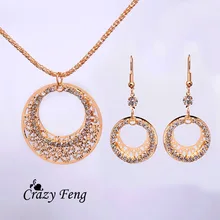 Crazy Feng Женский Золотой блестящий кристалл полый, Круглый, подвесной цепочка ожерелье серьги Ювелирные наборы женские подарки