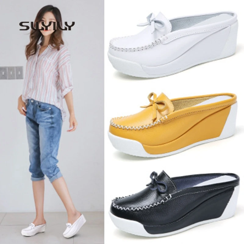 

SWYIVY Women Toning Shoes Platform Genuine Leather 2018 New Summer Bow-knot Height Increasing Muffin Heel Female Swing Slipper