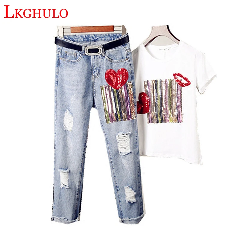 

Summer 2018 Women Two Piece Set Rainbow Stripe T-Shirt And Boyfriend Ripped Sequin Ankle Denim Jeans Pant Suit Pink Outfit A526