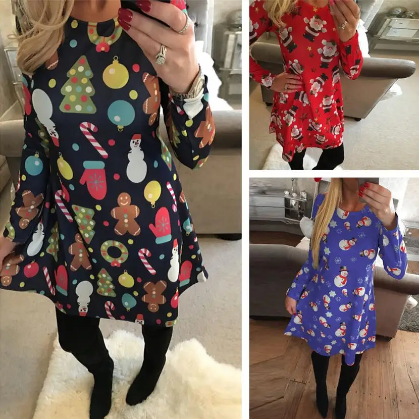 

S-5XL Large Size Casual Women Dresses Cute Printed Christmas Dress Winter 2019 Black Red Loose Plus Size Party Dress Vestidos