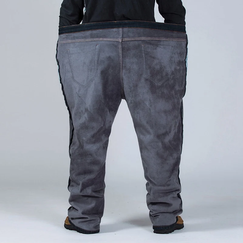 Зимние теплые флисовые джинсы для мужчин, большие размеры 9XL 10XL, брюки, большие джинсы 48, 50, 52, эластичные 8XL, свободные черные брюки, плотные мужские 150 кг