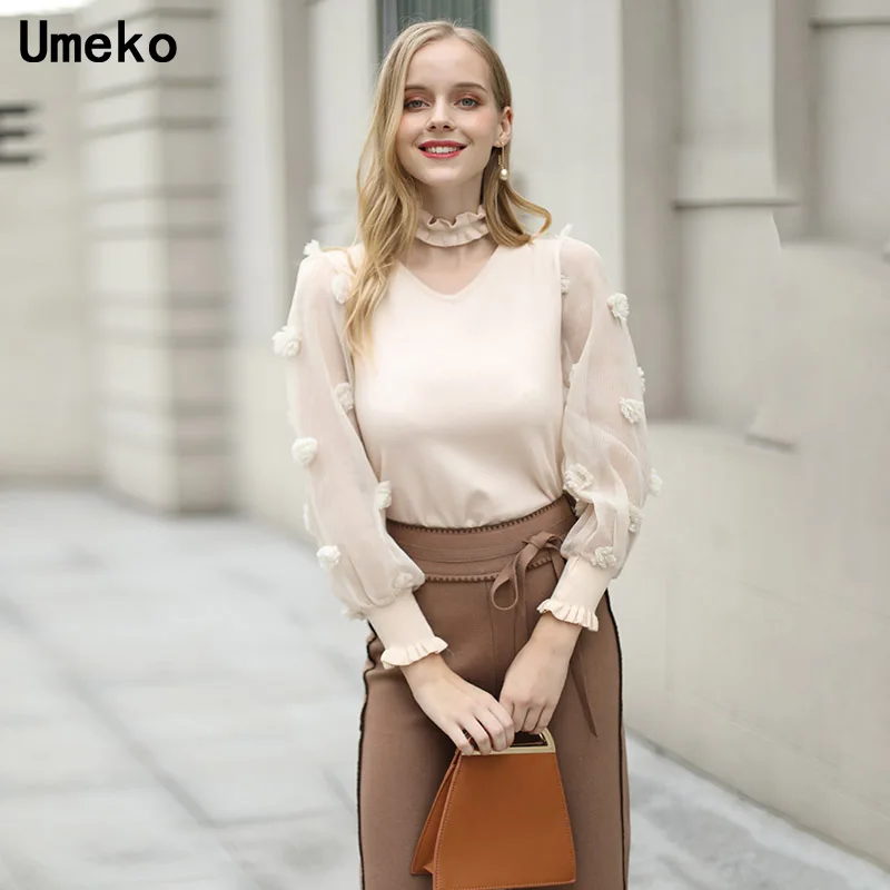 

Women Lantern Sleeve Pullover Lace Tops Knitted Sweaters Cashmere Sweater Winter Floral Hanging Neck Harajuku Cute for Girls