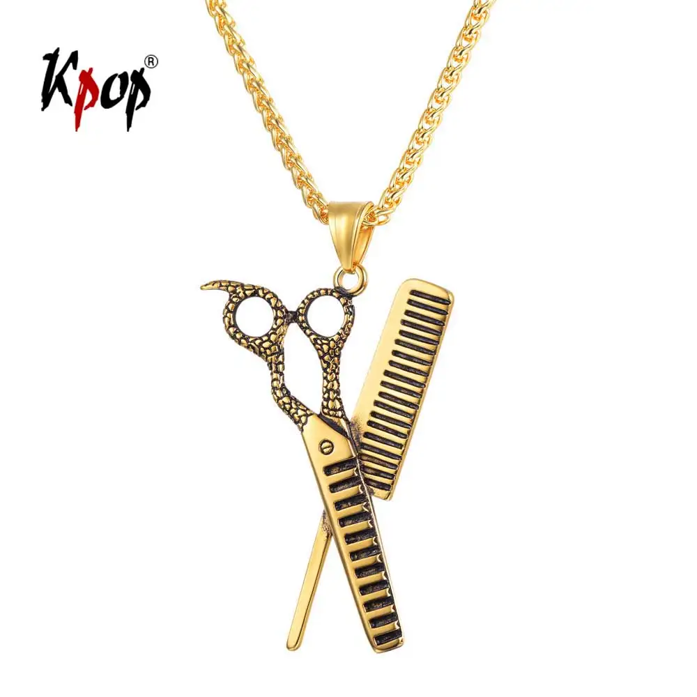

Kpop Scissors Comb Necklace Stylist Rock Punk Jewelry Stainless Steel Gold Color Hairdresser Necklace Pendant Necklace Men P3244