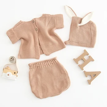 

2019 Spring Knitted Baby Sweater+Shorts Panties Set Rabbit Short Sleeve Pullovers Small Pocket Pure Cotton Suit Knitted Outwear