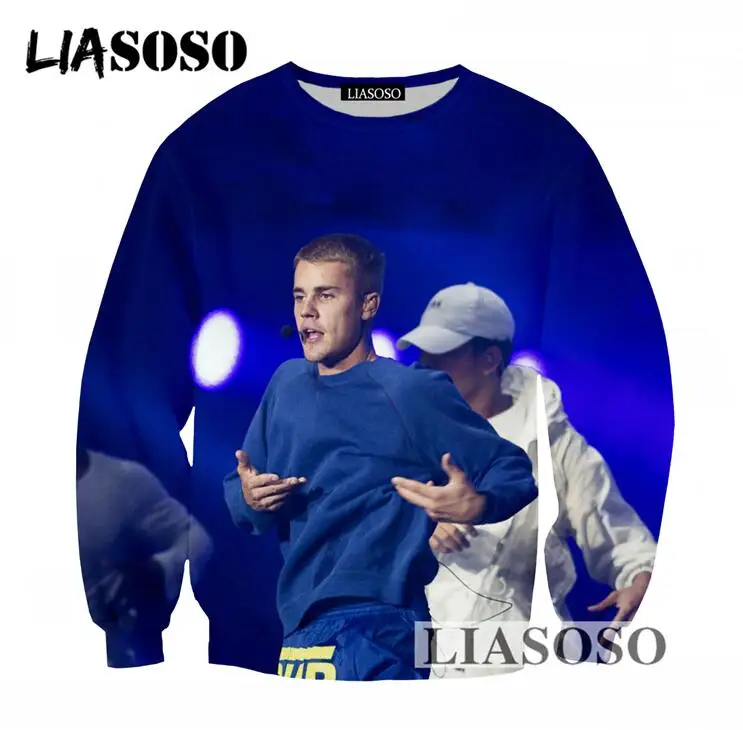 LIASOSO Fashion New Design Sweatshirt 3D Print Singer Justin Bieber Men Women Tracksuits Casual Long Sleeves Pullovers Tops T744