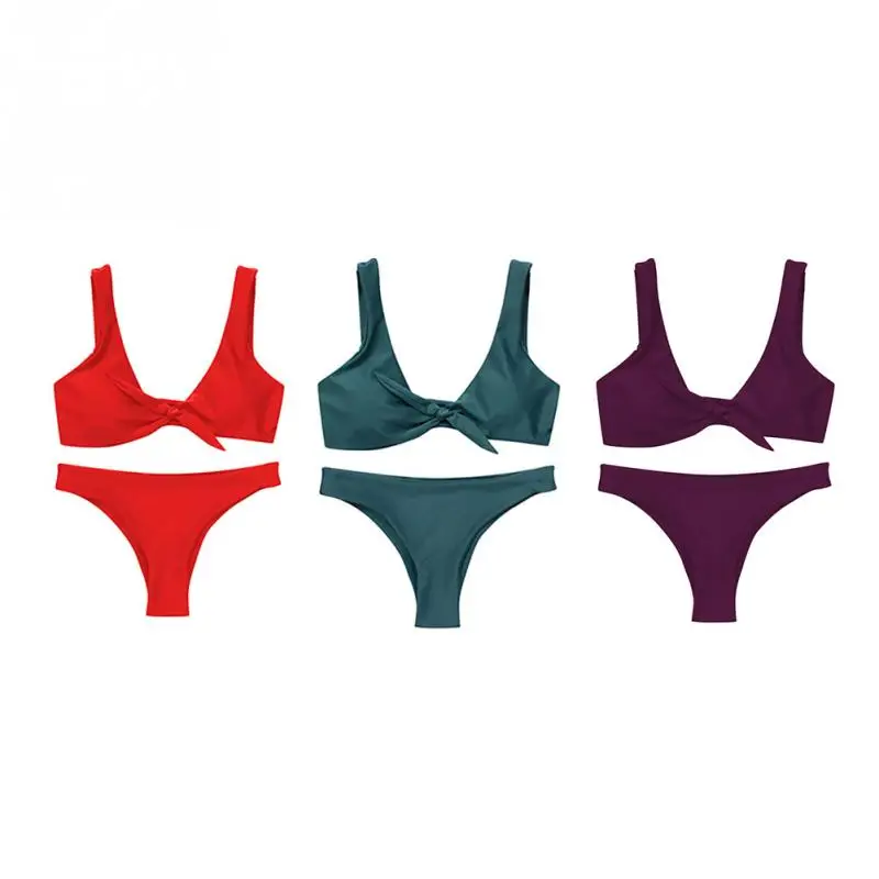 Women Sexy Front Knot Bikini Set Solid Color Summer Bathing Suit Swimwear Beach Wear Swimsuit Women Sexy Front Knot Bikini Set Solid Color Summer Bathing Suit Swimwear Beach Wear Swimsuit