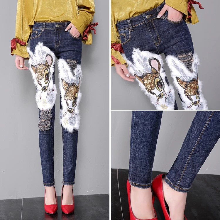 Новые модные женские джинсы осень-зима длинные штаны с кроличьим мехом и блестками высокого качества для студентов узкие брюки-карандаш