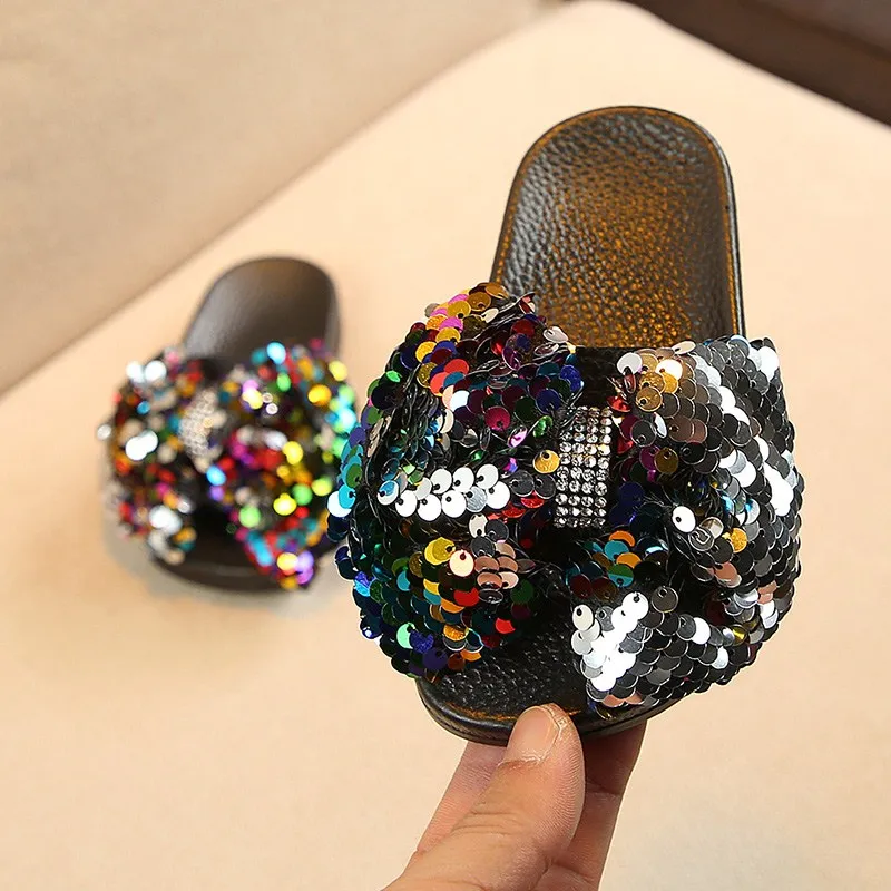 

2019 Girls Rhinestone Bow-knot Summer Slipper with soft thick bottom, Kids Lovely Glitter Shoes xy333