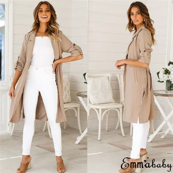 

New Trendy Women Loose Long Sleeve Cardigan Trench turn-down collar pocket solid Polyester Outwear Cool one pieces