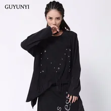 Женская футболка Guyunyi в стиле хип-хоп, популярная черная футболка с кисточками и надписью M, свободная хлопковая Футболка с заклепками