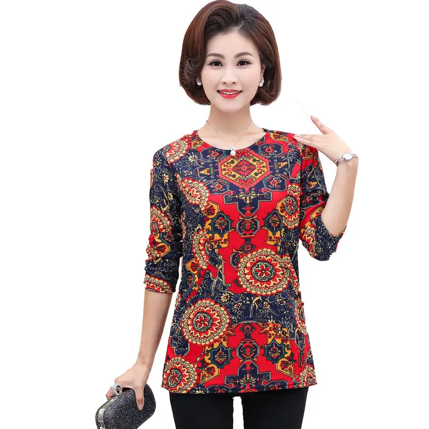 

Chinese Woman Autumn Blouses Flower Tops Women Basic Tunic Round Collar Long SLeeve Blouse Lady Plus Size Leisure Top Mother 4XL