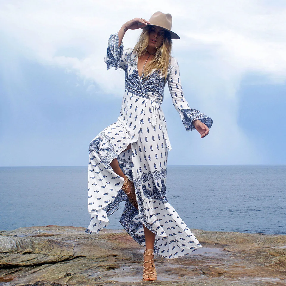 

2019 Floral Print Summer Long Dress Boho Beach Tunic Dress Maxi Dress Women Maxi Summer Dress