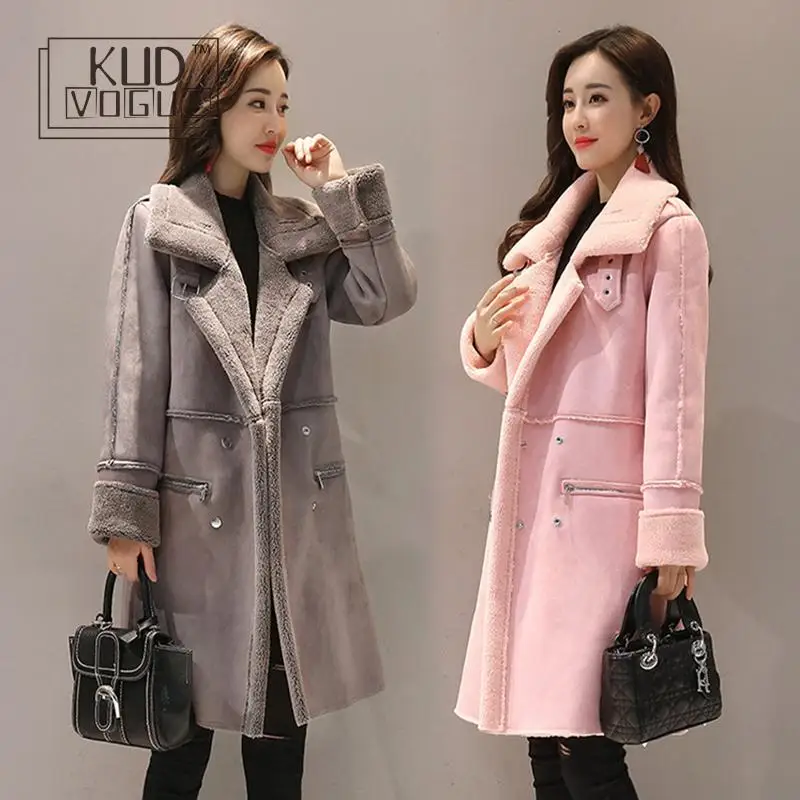 

Women Suede Fur Winter Jacket New Fashion Zipper Pocket Thick Artificial Sheepskin Long Coat Coat Women's Warm Windbreaker