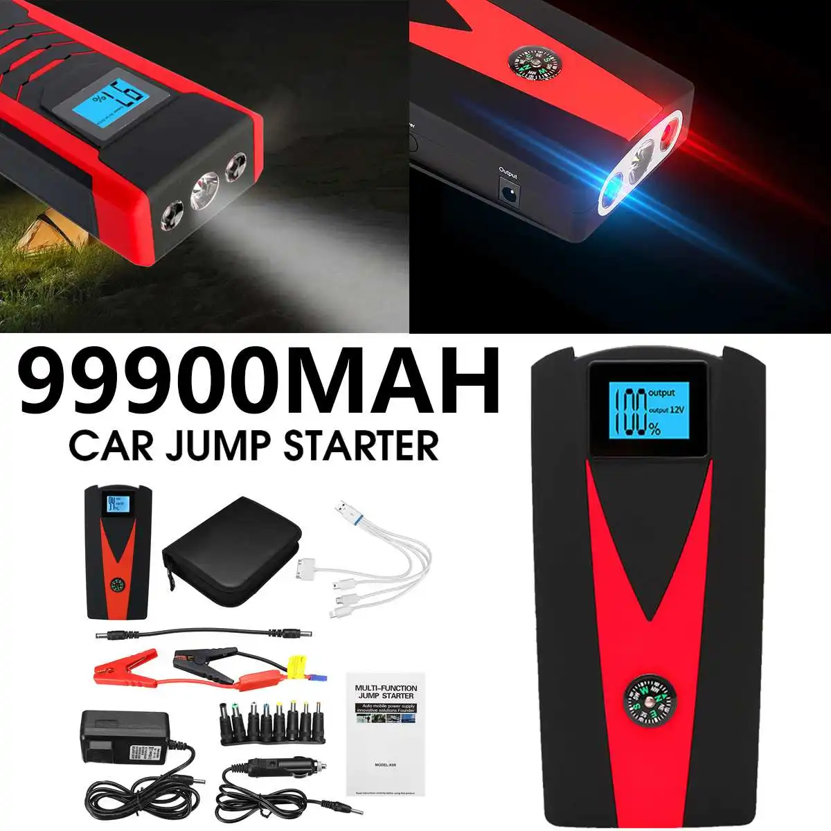 Skup 12V 99900mAh LED przenośny do samochodu Jump Start Starter Powers Bank Booster 2 USB ładowarka urządzenie zapłonowe awaryjne moce Kit