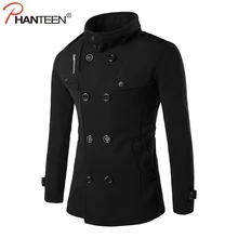 Phanteen Осень Двубортный Человек Шерстяное Пальто Стоять Воротник Slim Fit Горох Куртка Повседневная Бизнес Траншеи Мужской Моды Бренд одежды