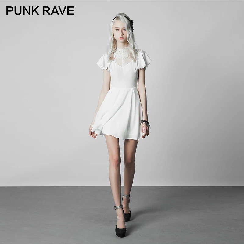 

PUNK RAVE Gothic Women Fashion Lace Stitching V-collar Lotus Leaf Elegant White Slim Version Wrinkle-resistant Chiffon Dress