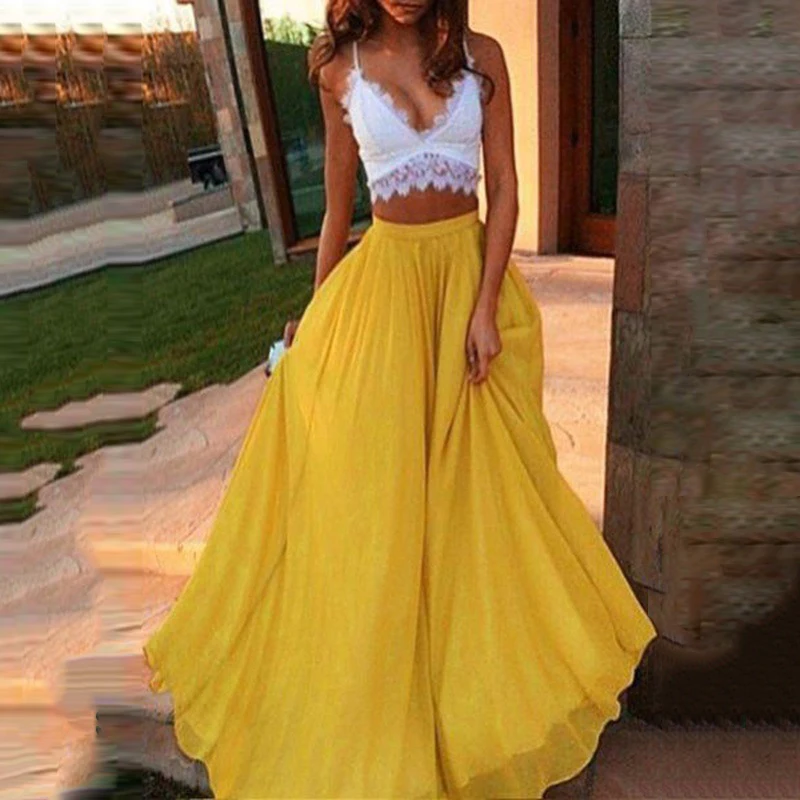 Ladies Stylish Casual Solid Color Long Chiffon Swing High Waist Summer Boho Sexy | Женская одежда