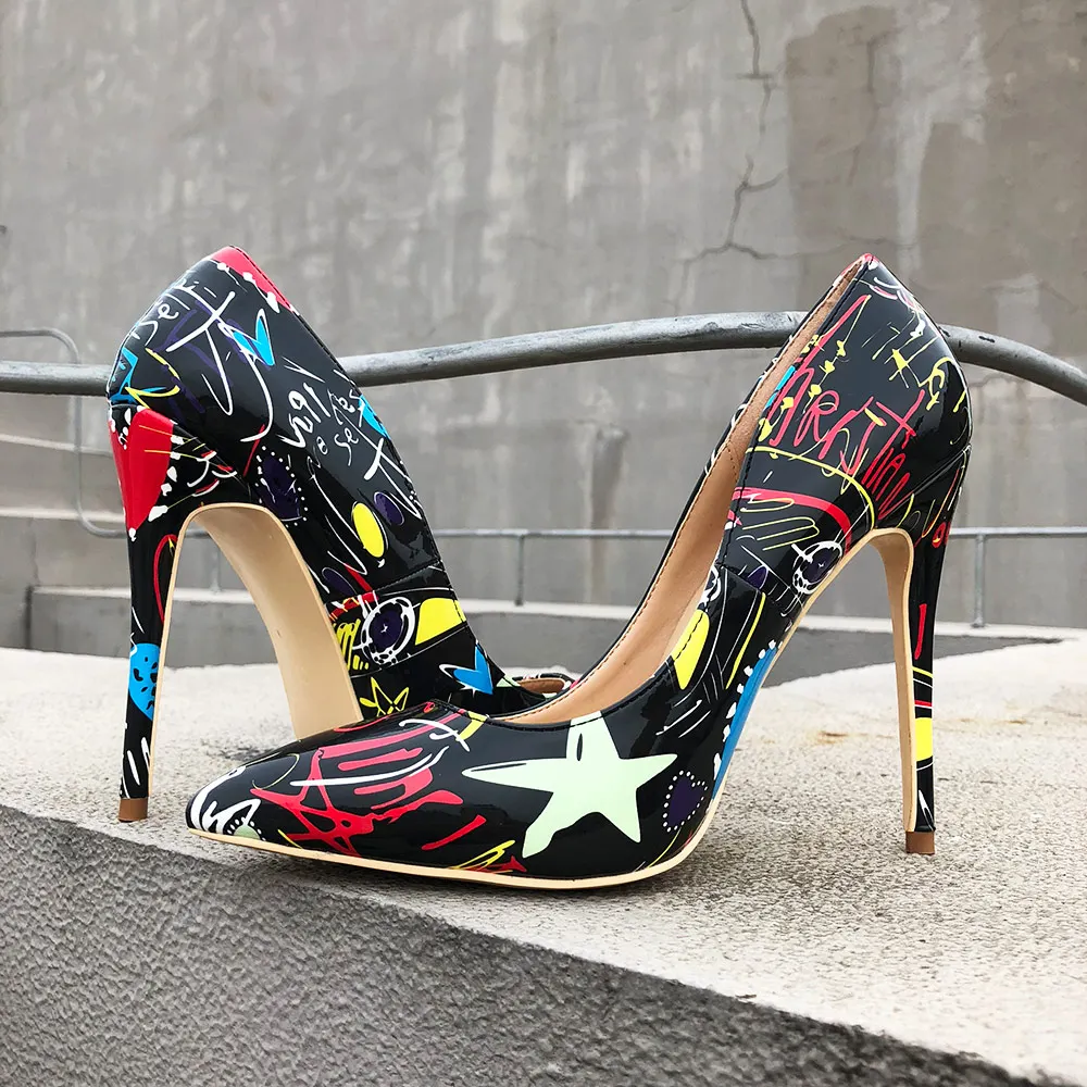 Veowalk/пикантные женские туфли на высоком каблуке-шпильке с художественным принтом граффити; черные женские вечерние туфли-лодочки с острым носком; Индивидуальный заказ