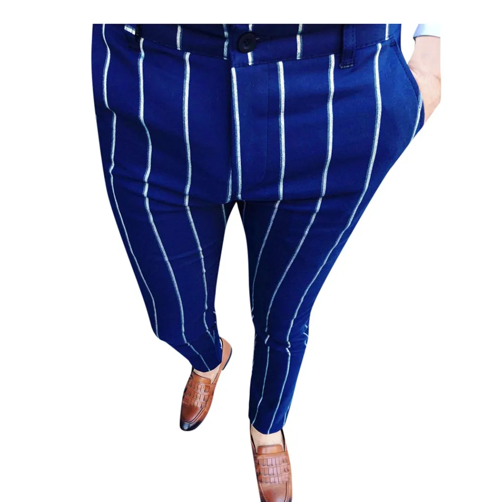 Feitong Мужские штаны для бега Модные мужские повседневные деловые облегающая полосатая с принтом длинные брюки на молнии - Цвет: Синий