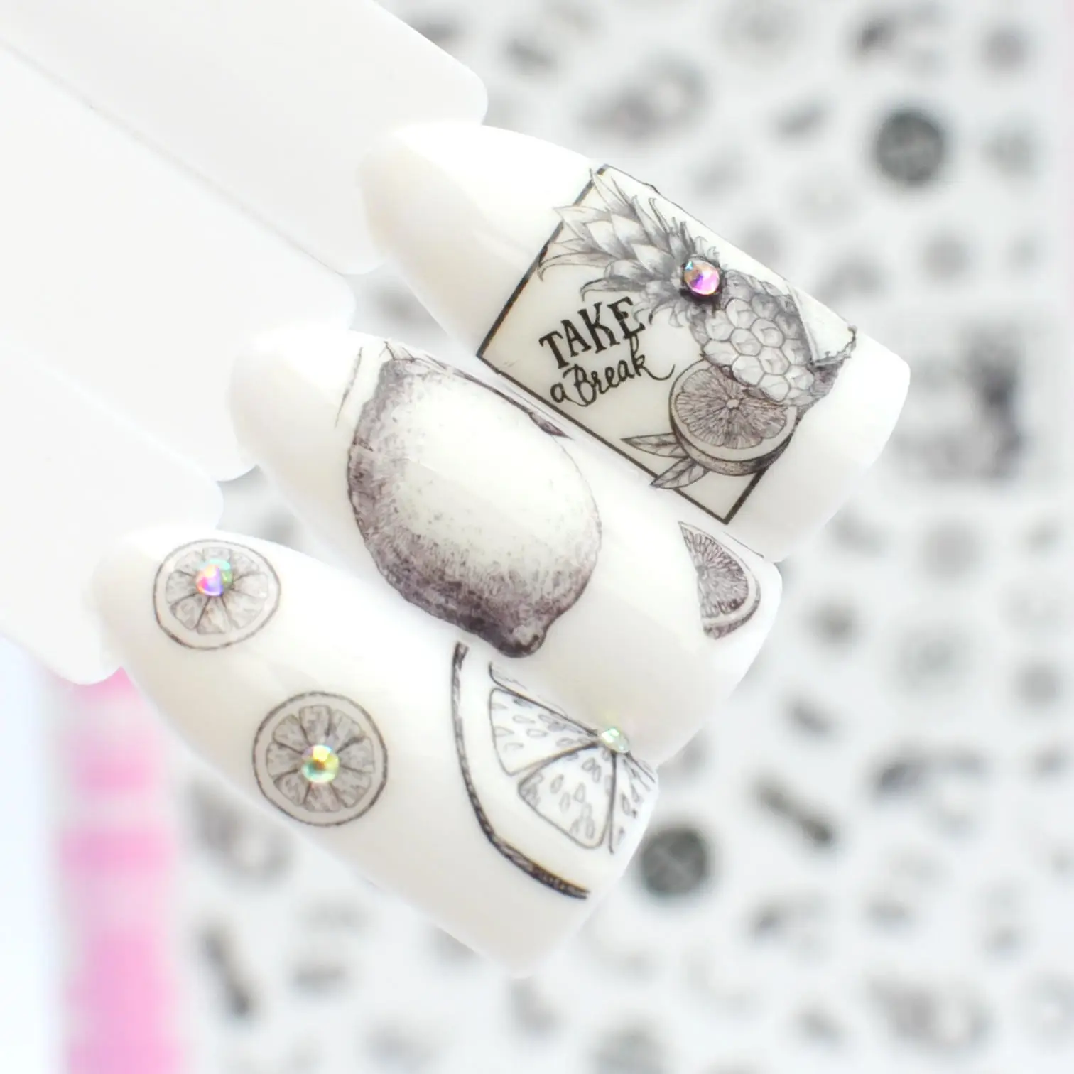 

YWK 1 Sheet 3D Nail Stickers Gray sketch lemon Nail Art Stickers Decals DIY Beauty Creative Nail Decorations