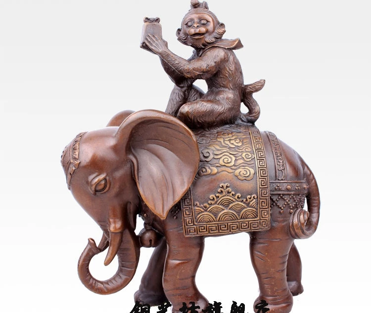 

8'' China Bronze Feng Shui Lucky Monkey Ride Elephant Statue