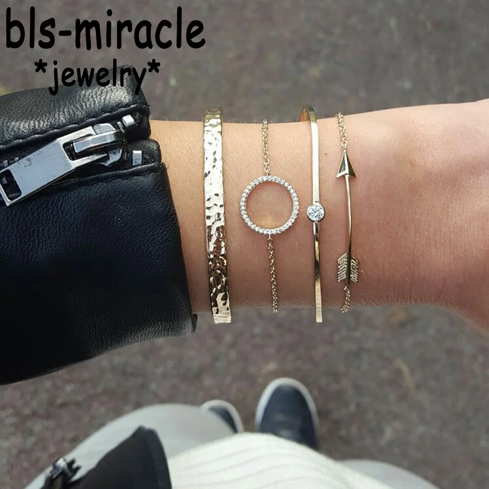 

Bls-miracle Romantic Round Clip Arrow Bangles Set For Women Crystal Gold Color Cute Charm Multilayer Bacelets Jewelry Girl Gifts