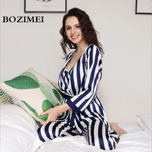 

BOZIMEI 2018 Spring Summer Striped Pajama Set Silk Women Pajamas Sexy Suspenders Pajamas Pants Three-Piece Female Home Sleepwear