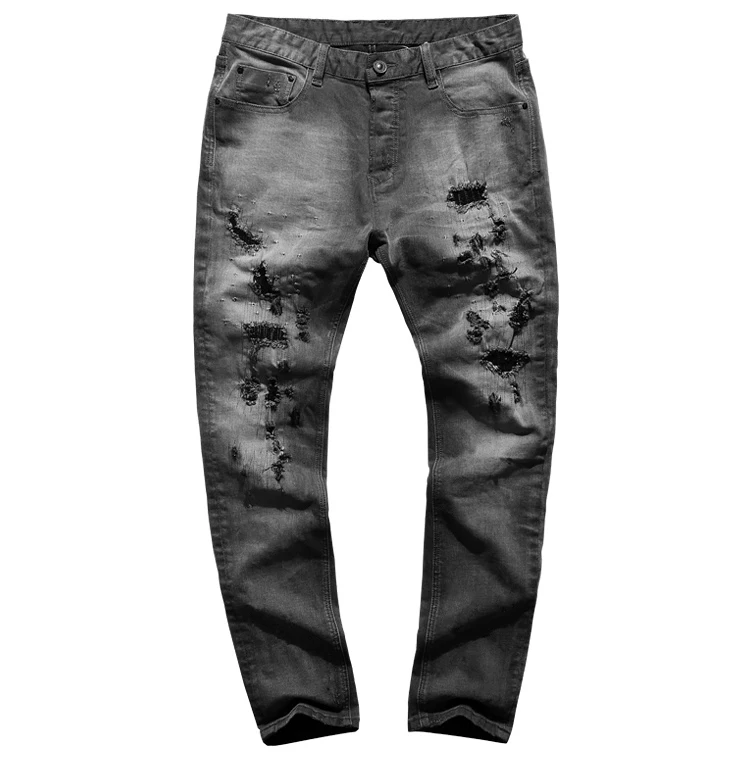 Мужские Ретро эластичные серые Узкие повседневные рваные джинсы с пуговицами, мужские прямые вымытые зимние джинсы в стиле хип-хоп K786