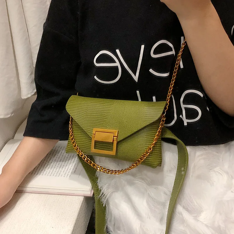 Модная поясная сумка на цепочке для женщин, поясная сумка, поясная сумка, дамские сумки на пояс, зеленая, черная кожаная нагрудная сумка, чехол для телефона, маленький лоскут