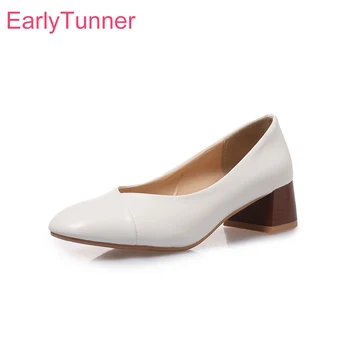 

Brand New Fashion White Black Women Nude Pumps Vogue Chunky Heels Office Lady Shoes EB910 Plus Big Small Size 10 32 43 46