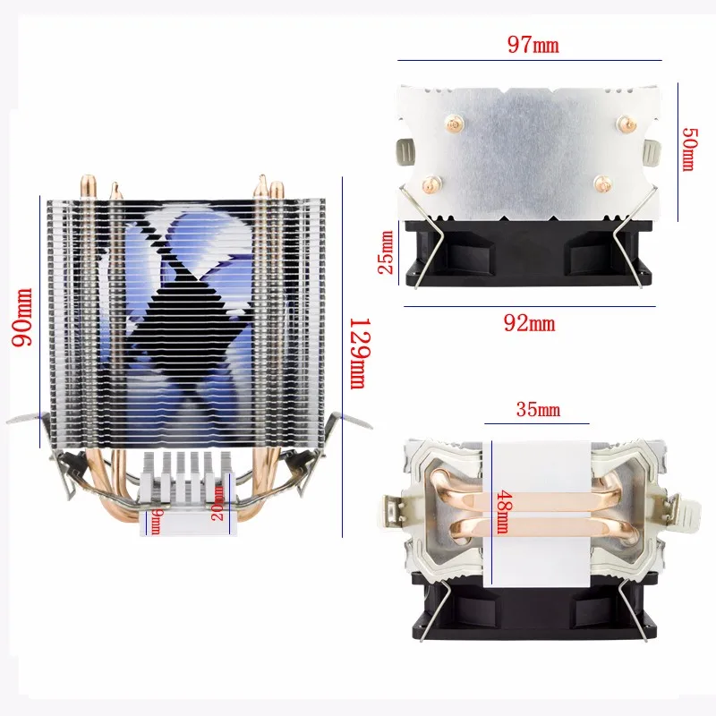 ALSEYE кулер для процессора 2 тепловые трубки радиатор 90 мм вентилятор TDP 120W охлаждение процессора светодиодный вентилятор для LGA 1155 / 775 / 1151 / 1366 / AM2+ / AM3+/ AM4