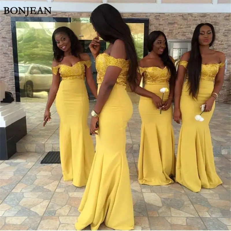 OFF THE SHOULDER DARK YELLOW MERMAID BRIDESMAID DRESSES WITH APPLIQUES FOR WEDDING PARTY33